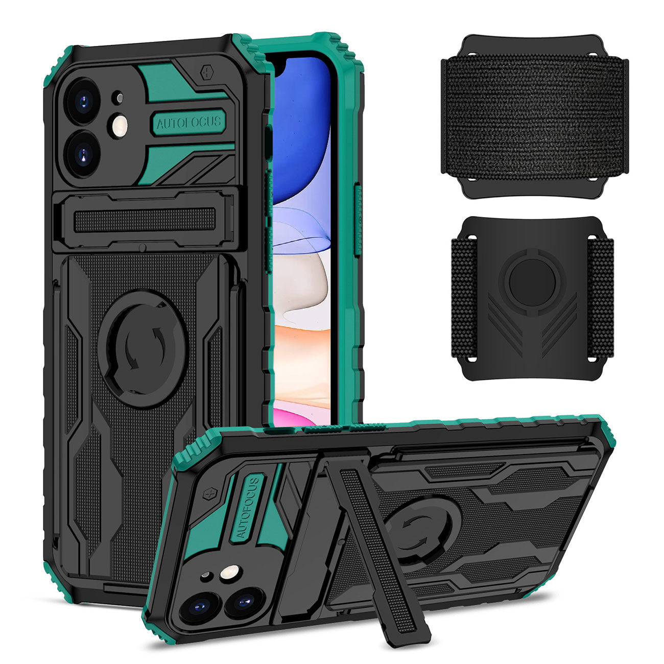 High Elastic Plastic iPhone 11 Case with Kickstand, Sports Mobile Wristband and Card Slot In Green